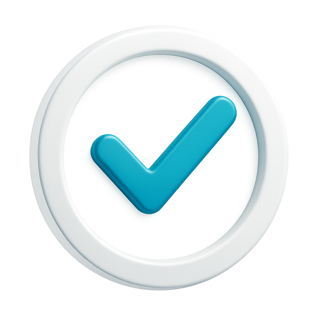 Icône coche bleue validée sur fond blanc.