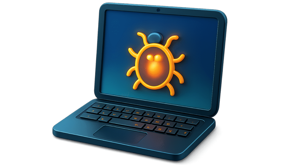 Illustration d'un bug informatique sur écran d'ordinateur.