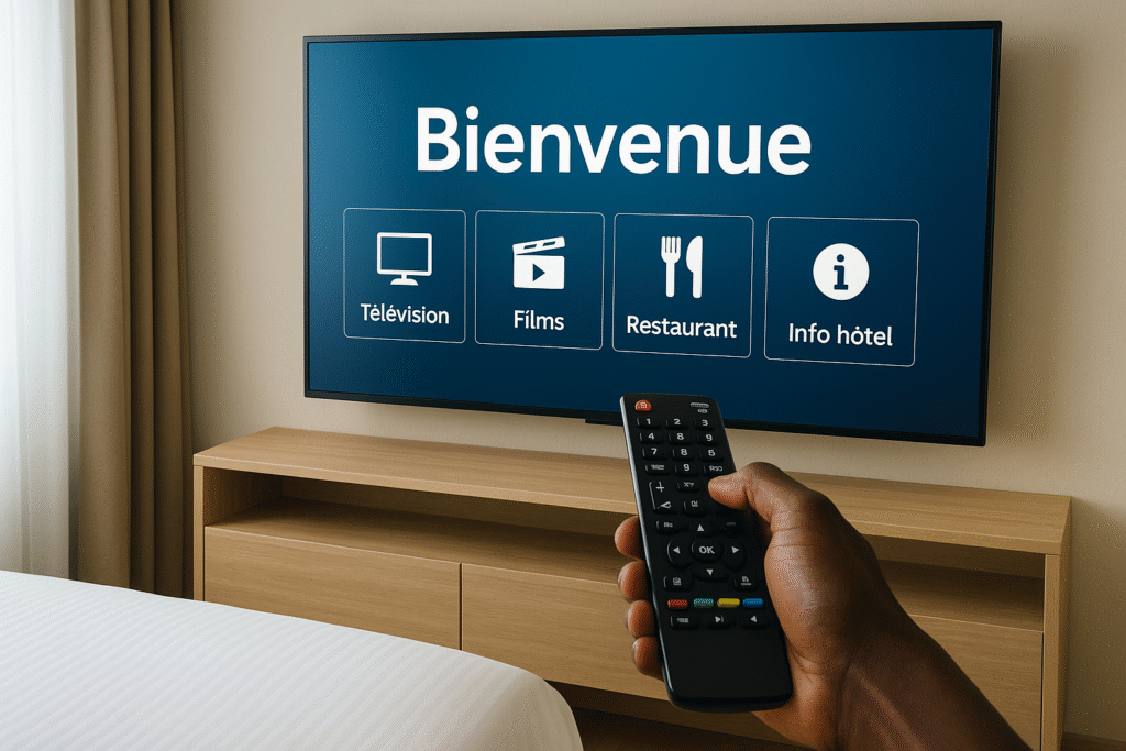 Télévision d'hôtel avec options et bienvenue.